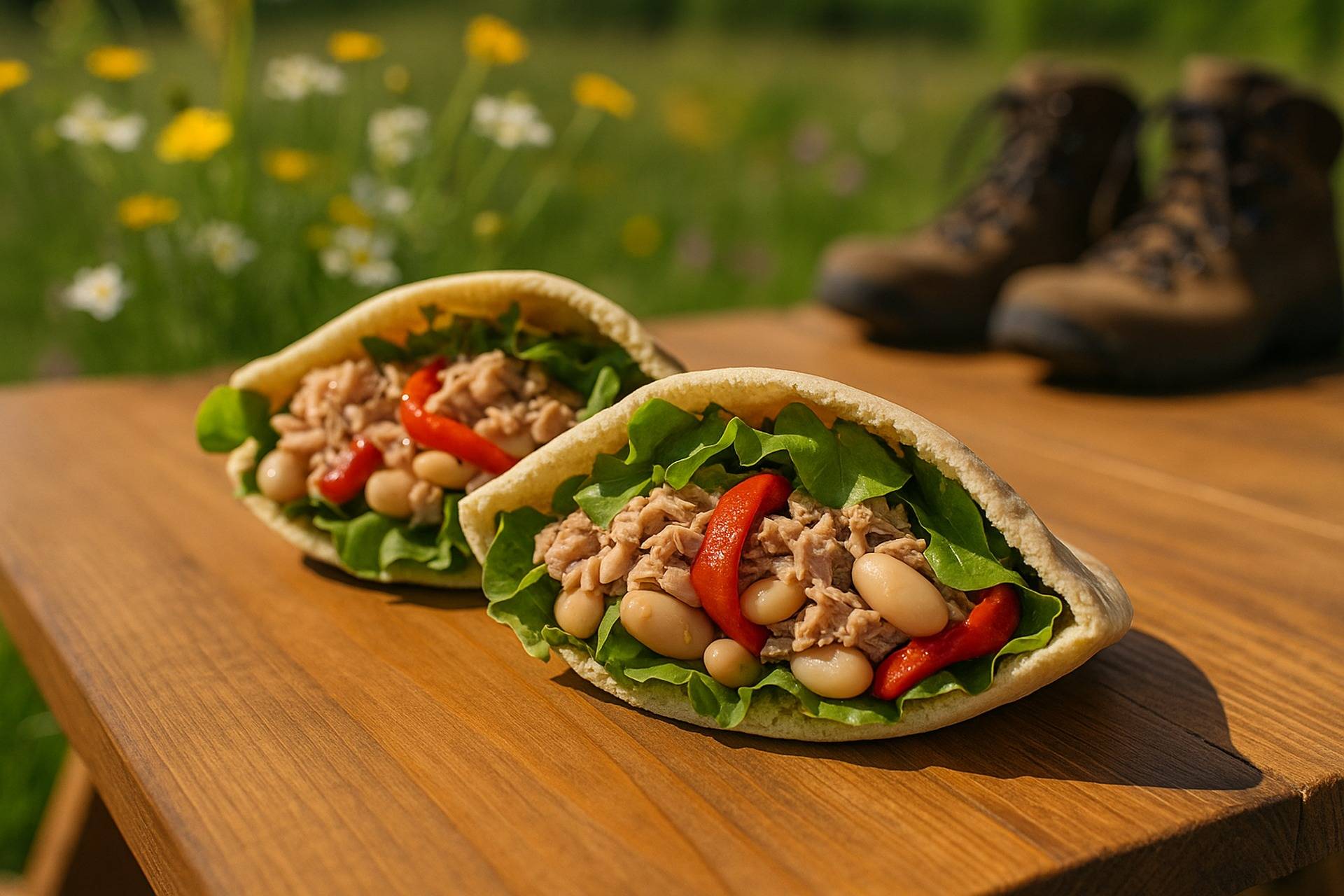 Two pita halves filled with a colorful mix of tuna, white beans, tomatoes, and herbs on a wooden board.