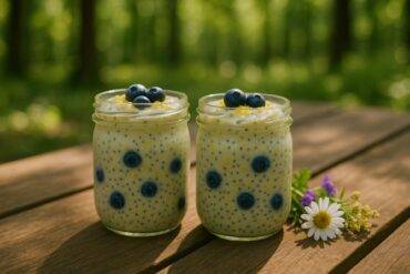 Clear cups layered with lemon chia pudding, fresh blueberries, and granola, ready to serve as a no-cook camping dessert.