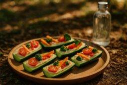 Scoops of lemon herb hummus topped with fresh herbs and lemon zest served in halved bell peppers.