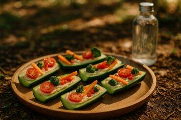 Scoops of lemon herb hummus topped with fresh herbs and lemon zest served in halved bell peppers.