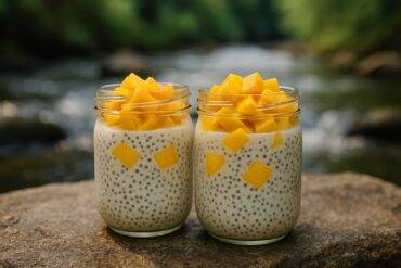 Chia pudding topped with mango cubes and shredded coconut served in a rustic camp bowl.