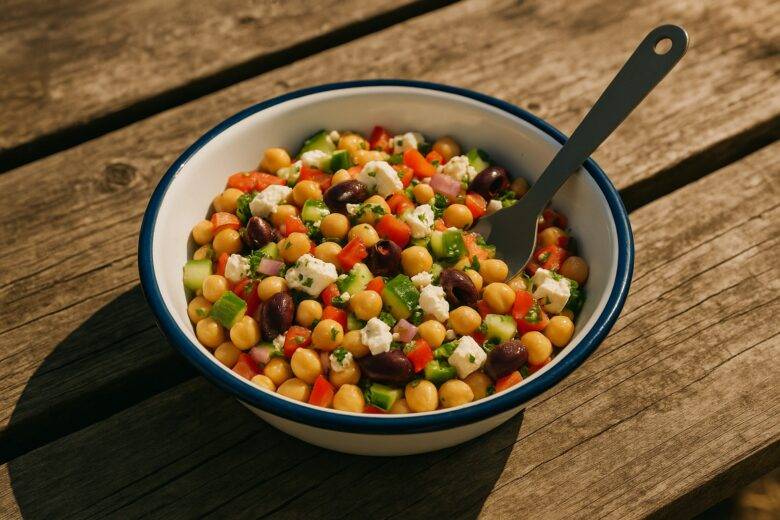 Bowl of no-cook Mediterranean chickpea salad with tomatoes, cucumbers, olives, and herbs ready to serve outdoors.