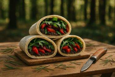 Mediterranean olive tapenade spread on flatbread with fresh vegetables ready to roll into wraps.