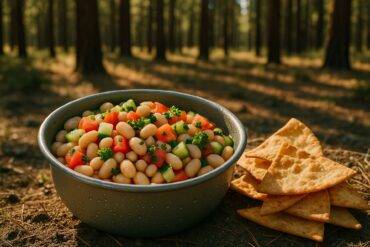 Bowl of white bean salsa mixed with chopped vegetables and herbs ready to serve.