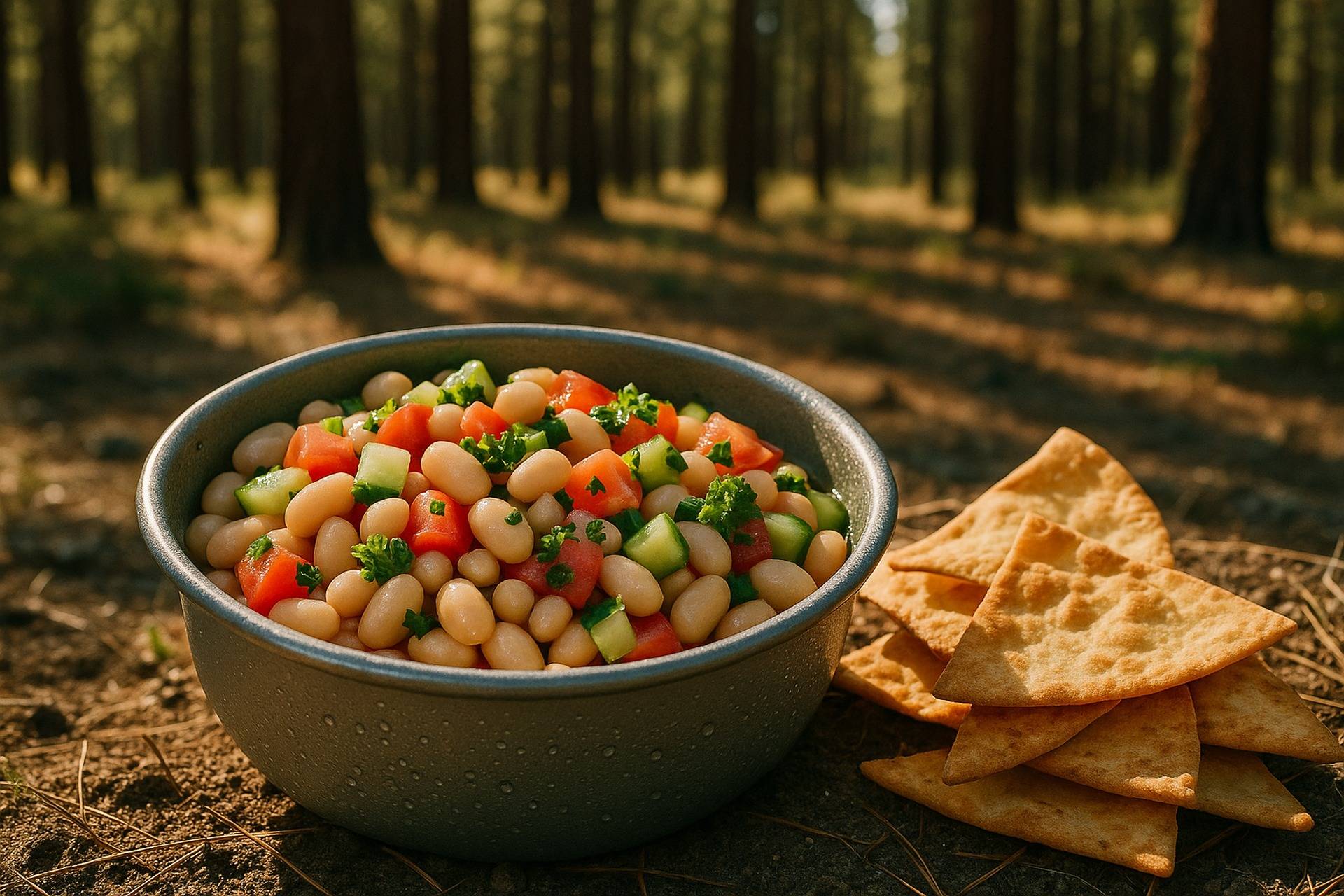 Bowl of white bean salsa mixed with chopped vegetables and herbs ready to serve.