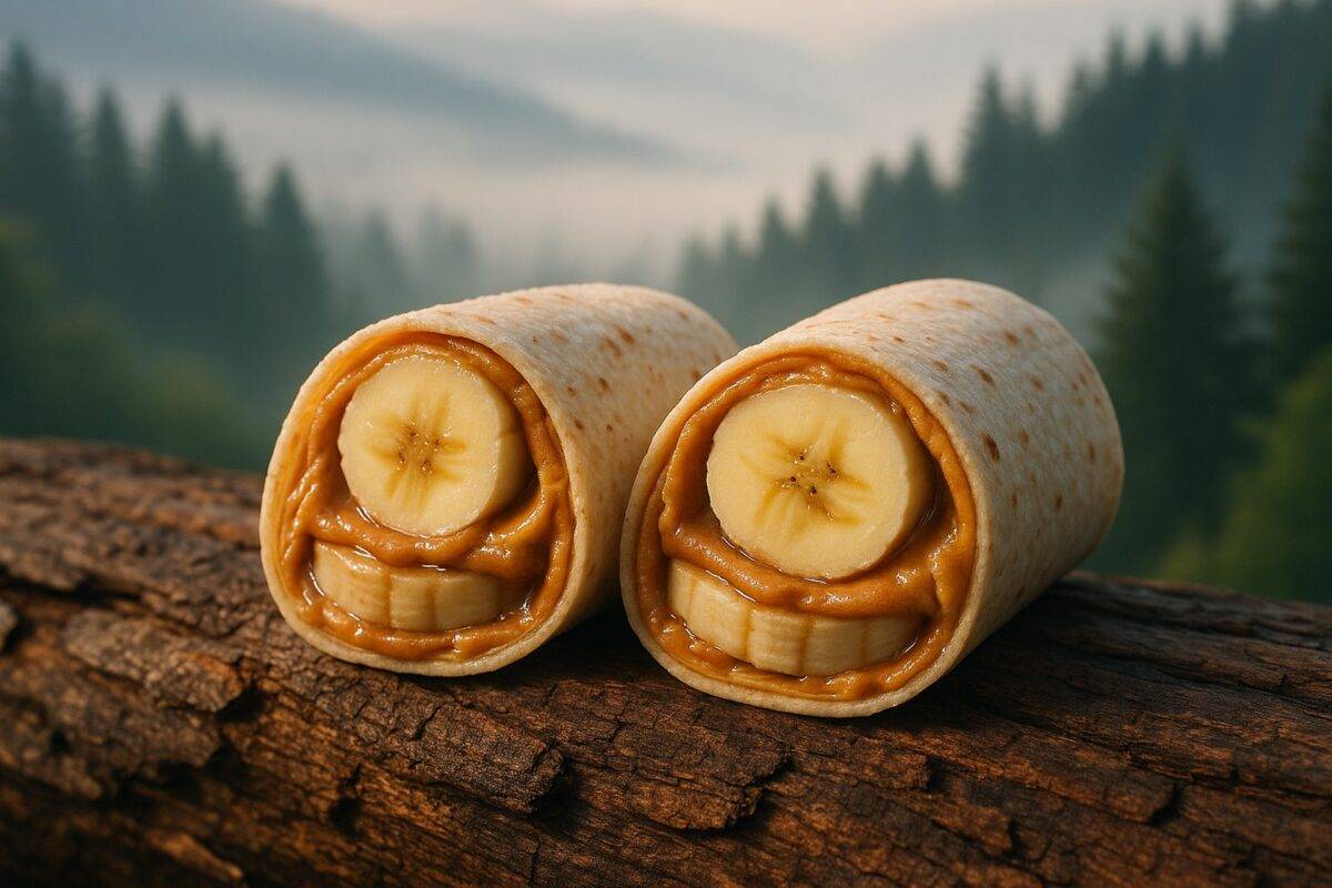 Three tortilla wraps filled with peanut butter and banana slices on a wooden board, ready to eat.