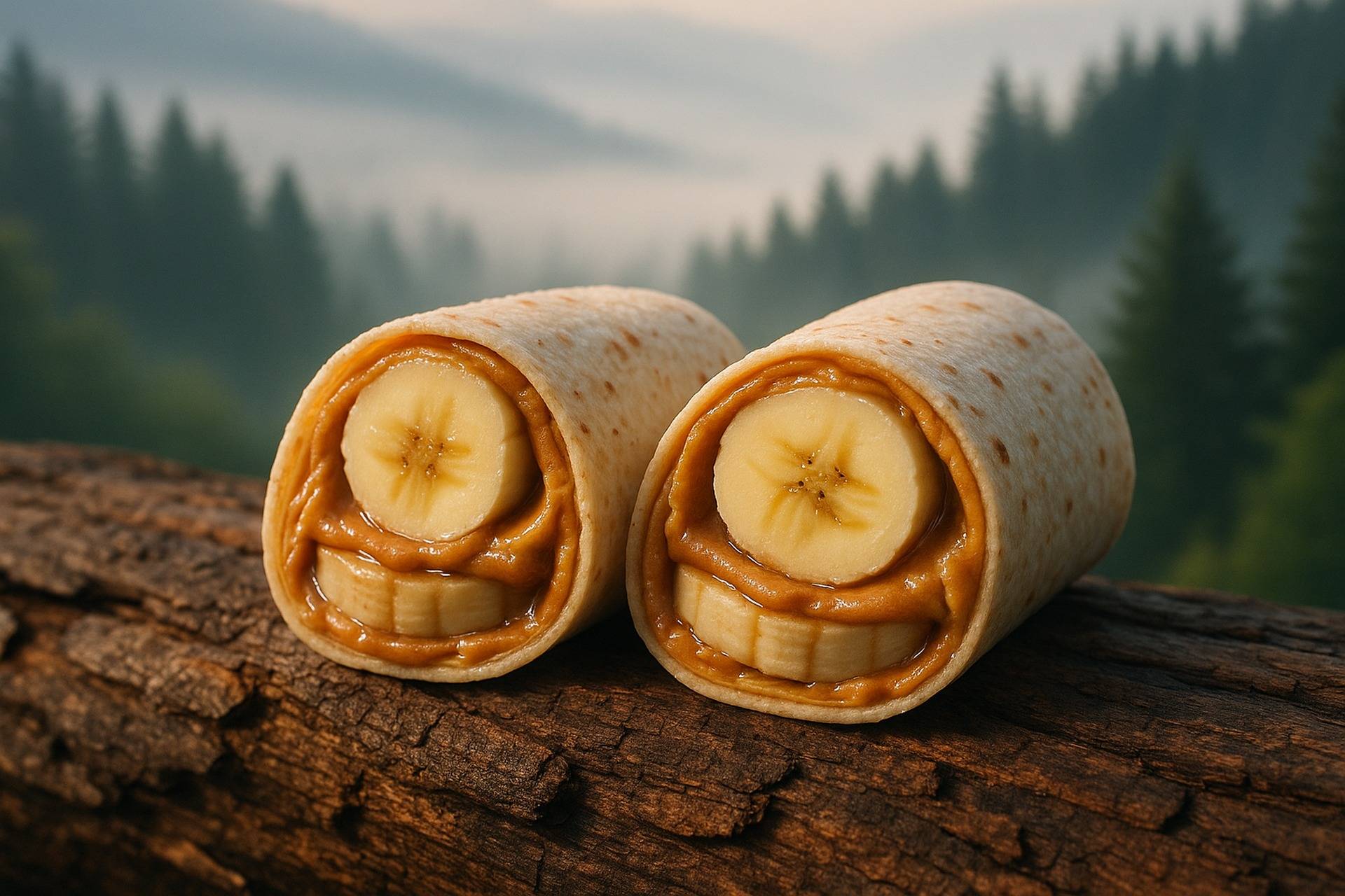 Three tortilla wraps filled with peanut butter and banana slices on a wooden board, ready to eat.