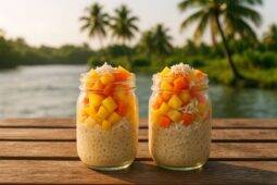 Overnight oats topped with tropical fruits in a jar, ready for an easy camp breakfast.