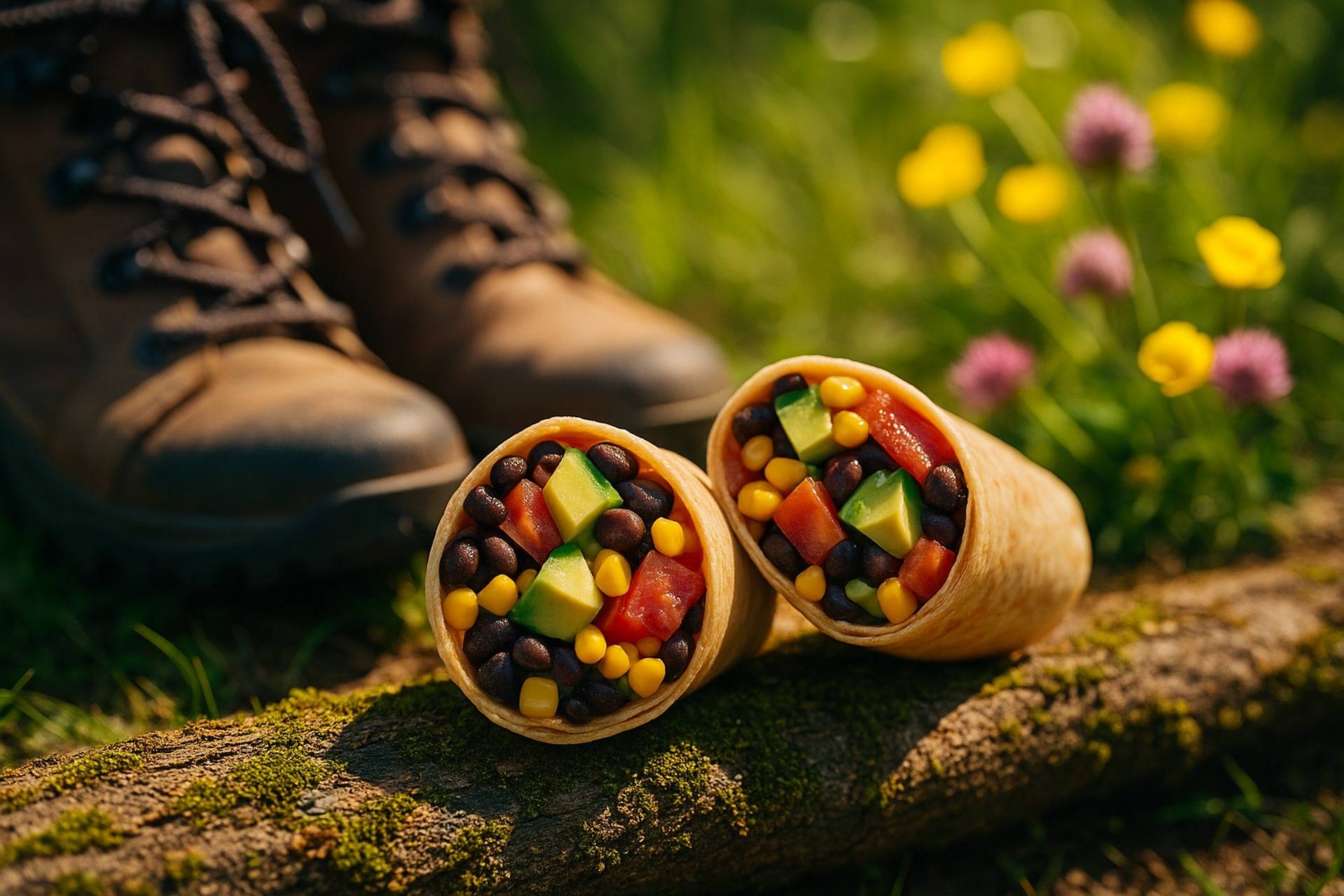 Vegan southwest bean salad with black beans, corn, and veggies wrapped in a tortilla ready to eat.