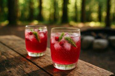 Bright red cranberry spritz garnished with spruce sprigs served in a clear camping mug outdoors.