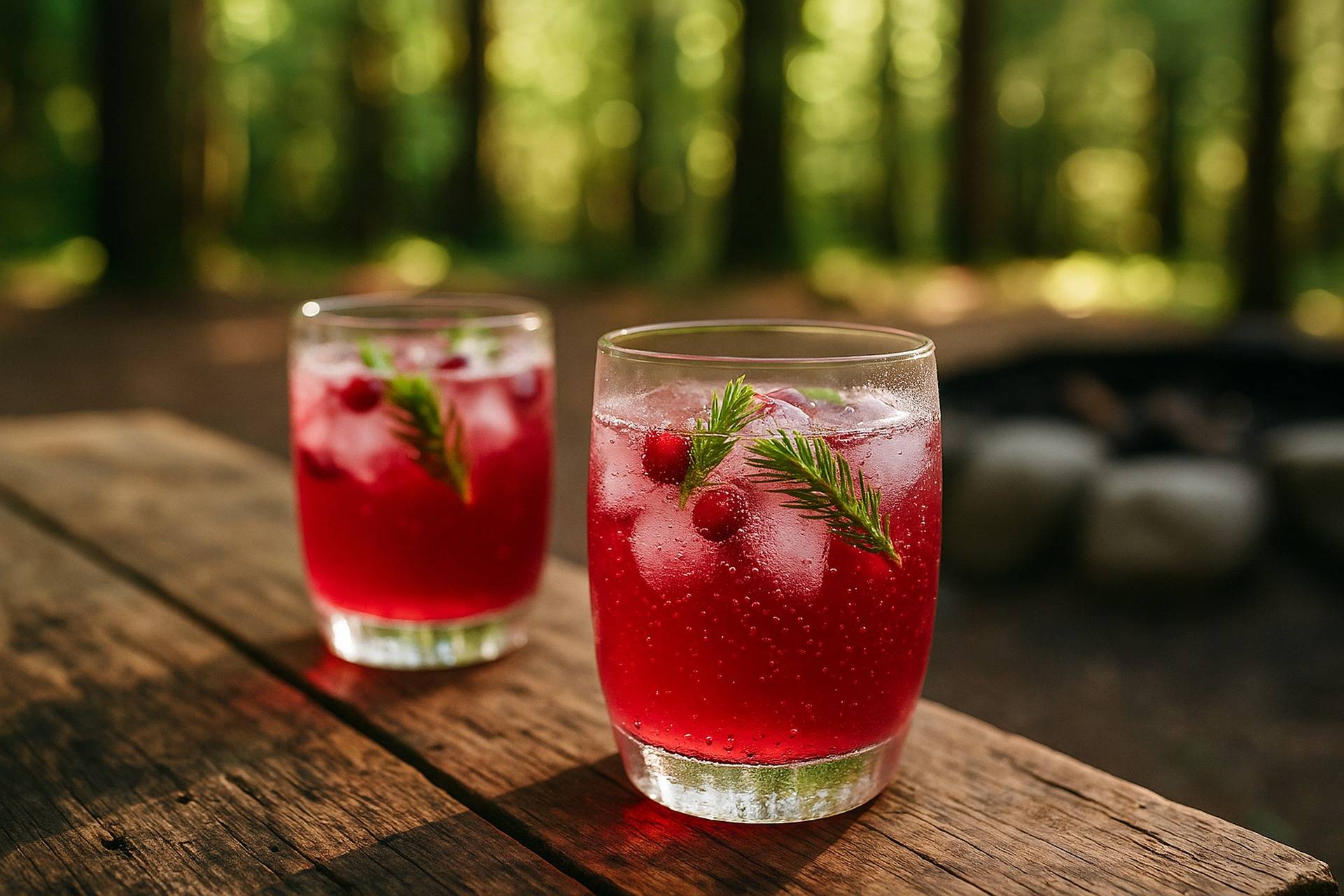Bright red cranberry spritz garnished with spruce sprigs served in a clear camping mug outdoors.