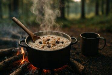 Steel-cut oats simmering with cinnamon sticks in a pot over a campfire.