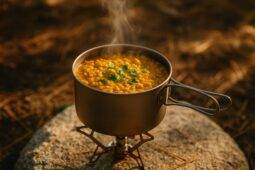 Hearty lentil dahl with spices and vegetables simmering in a single pot for easy backpacking meals.