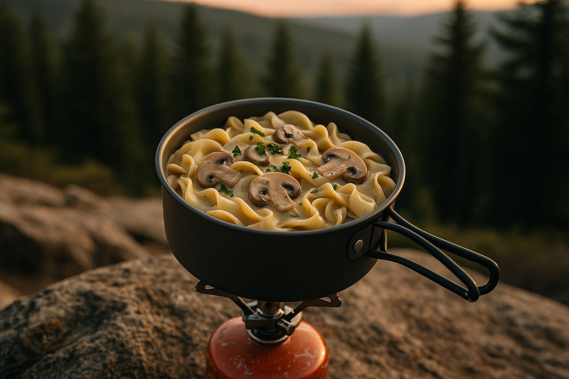 Creamy mushroom stroganoff with noodles and herbs served in a rustic camping pot.