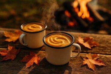 Savory pumpkin pudding bubbling in a pot over campfire coals, ready to serve.