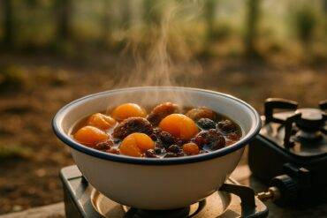 Simmering dried fruits with cardamom and honey in a single pot over a camp stove.