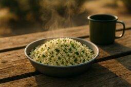 A pot of fluffy couscous mixed with herbs and lemon zest simmering over a campsite stove.