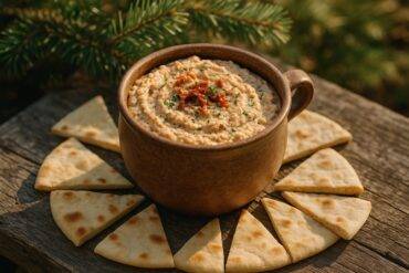 Creamy white bean dip with sun-dried tomatoes and herbs in a black camping pot.
