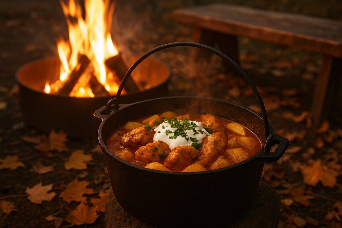 Chicken thighs and potato chunks simmering in a rich, paprika-spiced sauce in a single pot.