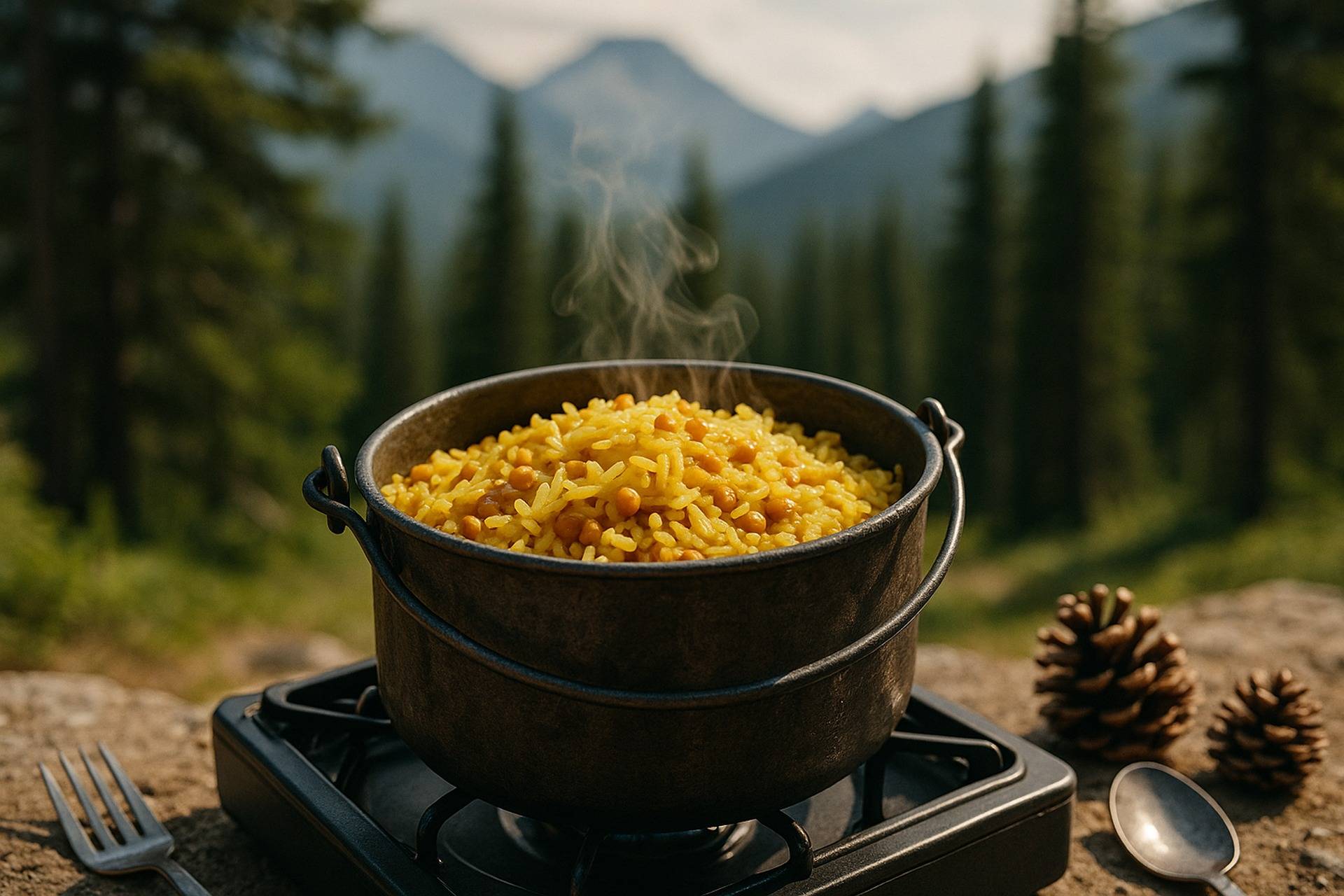 A pot of simmering lentil and rice pilaf with visible spices and herbs ready for serving.