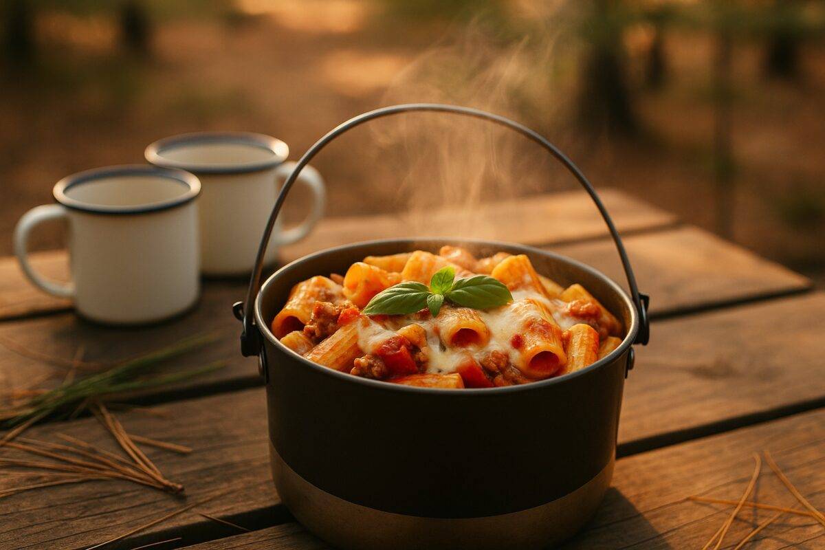 Italian sausage, tomatoes, and pasta cooked together in one pot with herbs and melted cheese on top.