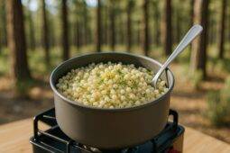 One-pot Israeli couscous with lemon and dill in a camping pot over a campfire
