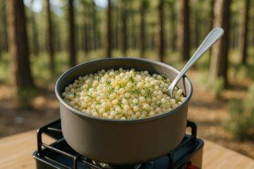 One-pot Israeli couscous with lemon and dill in a camping pot over a campfire