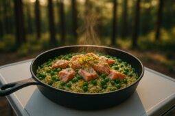 Cooked salmon fillets on a bed of seasoned orzo pasta garnished with fresh dill and lemon slices in one pot.