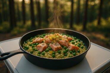 Cooked salmon fillets on a bed of seasoned orzo pasta garnished with fresh dill and lemon slices in one pot.