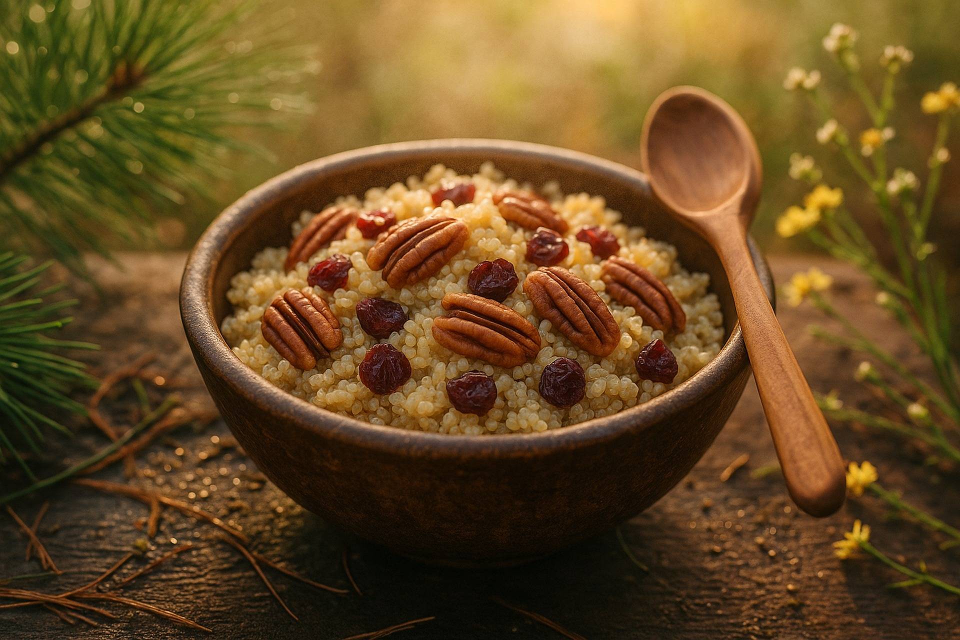 Cooked quinoa topped with toasted pecans, maple syrup, and sliced bananas in a rustic bowl.
