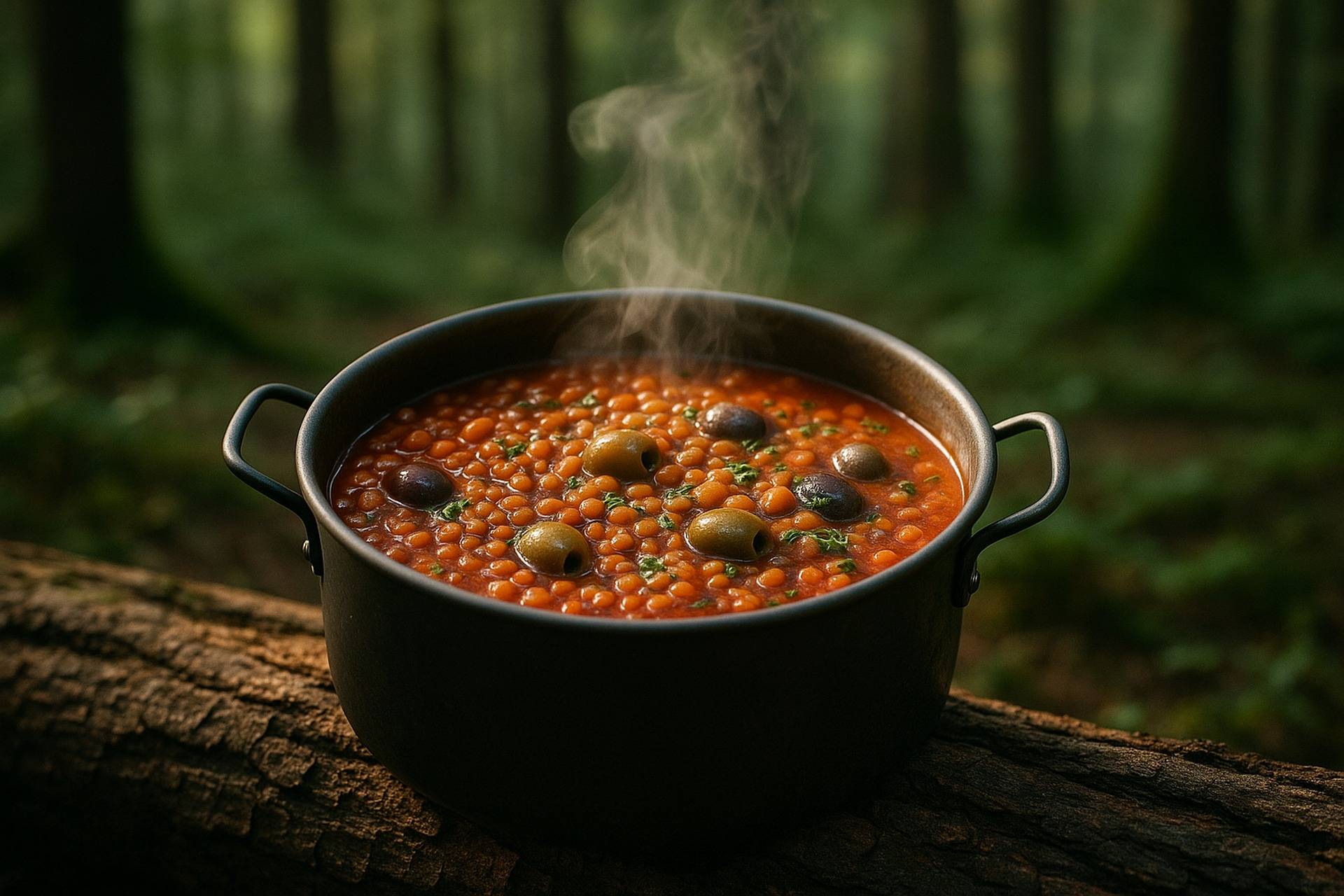 Hearty Mediterranean lentil stew with olives and herbs served in a rustic pot.