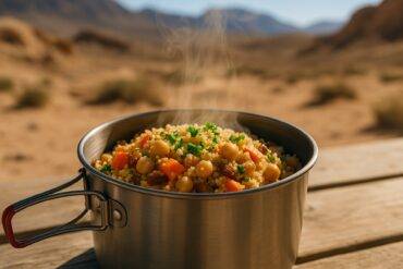 A skillet of colorful Moroccan chickpea couscous with vegetables and spices ready to serve.