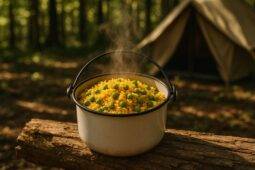Saffron rice pilaf with green peas cooked in a single pot with vibrant yellow color.