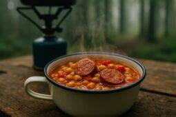 Hearty stew with chorizo, chickpeas, tomatoes, and herbs simmering in a rustic pot over a campfire.