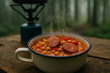 Hearty stew with chorizo, chickpeas, tomatoes, and herbs simmering in a rustic pot over a campfire.
