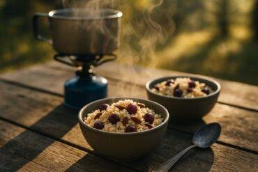 Spiced couscous with cherries and almonds in a single pot, ready for easy camping meals.