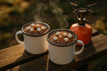 Creamy spiced hot chocolate rice pudding served warm in a rustic camping pot.