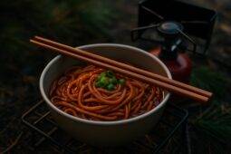 A bowl of noodles tossed with sweet chile peanut sauce, garnished with chopped peanuts and green onions.