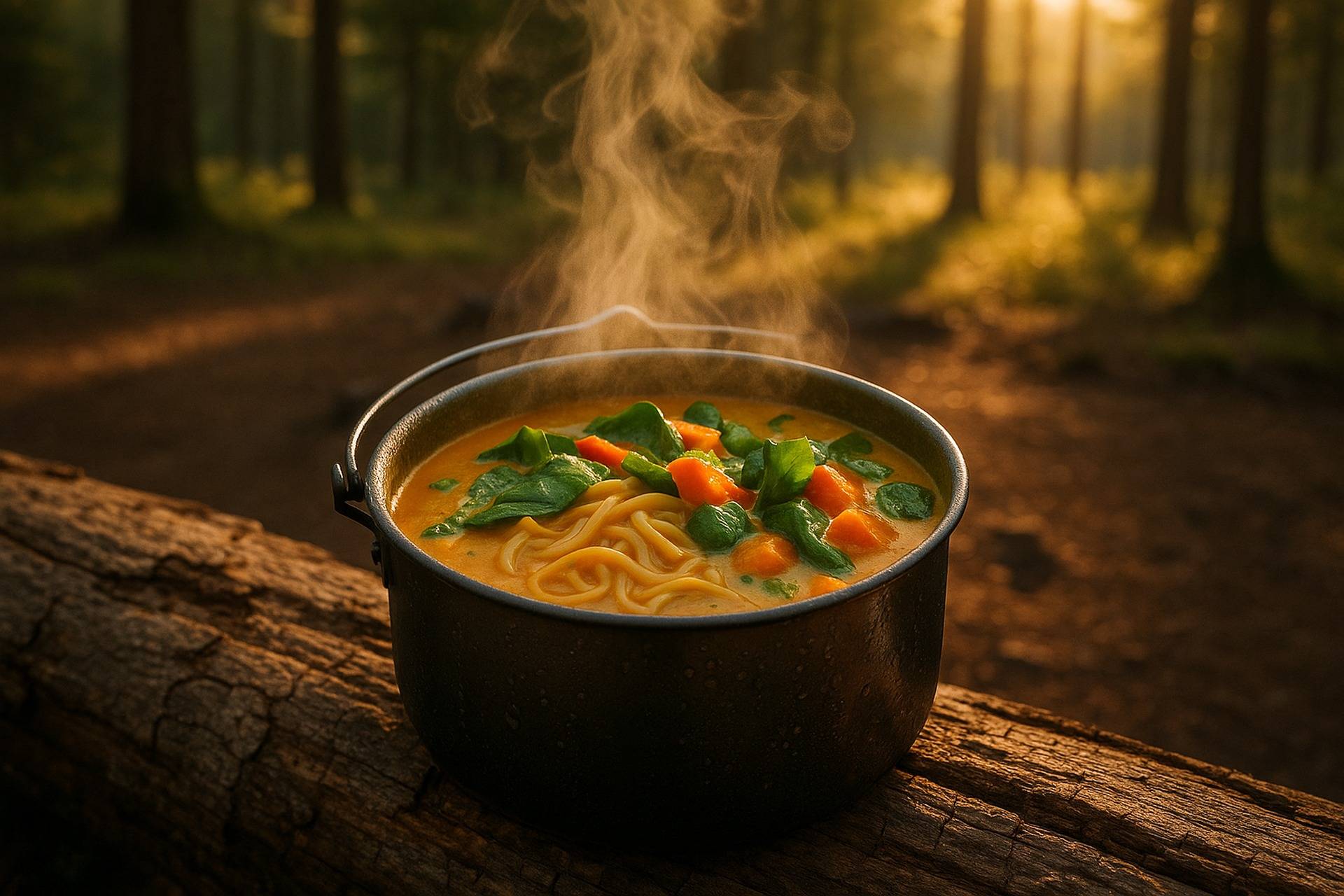 Steaming bowl of Thai coconut curry noodle soup with noodles, vegetables, and herbs in a rustic camping setting.