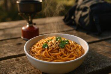 Creamy Thai coconut peanut noodles served with fresh herbs and lime wedges in a camping pot.