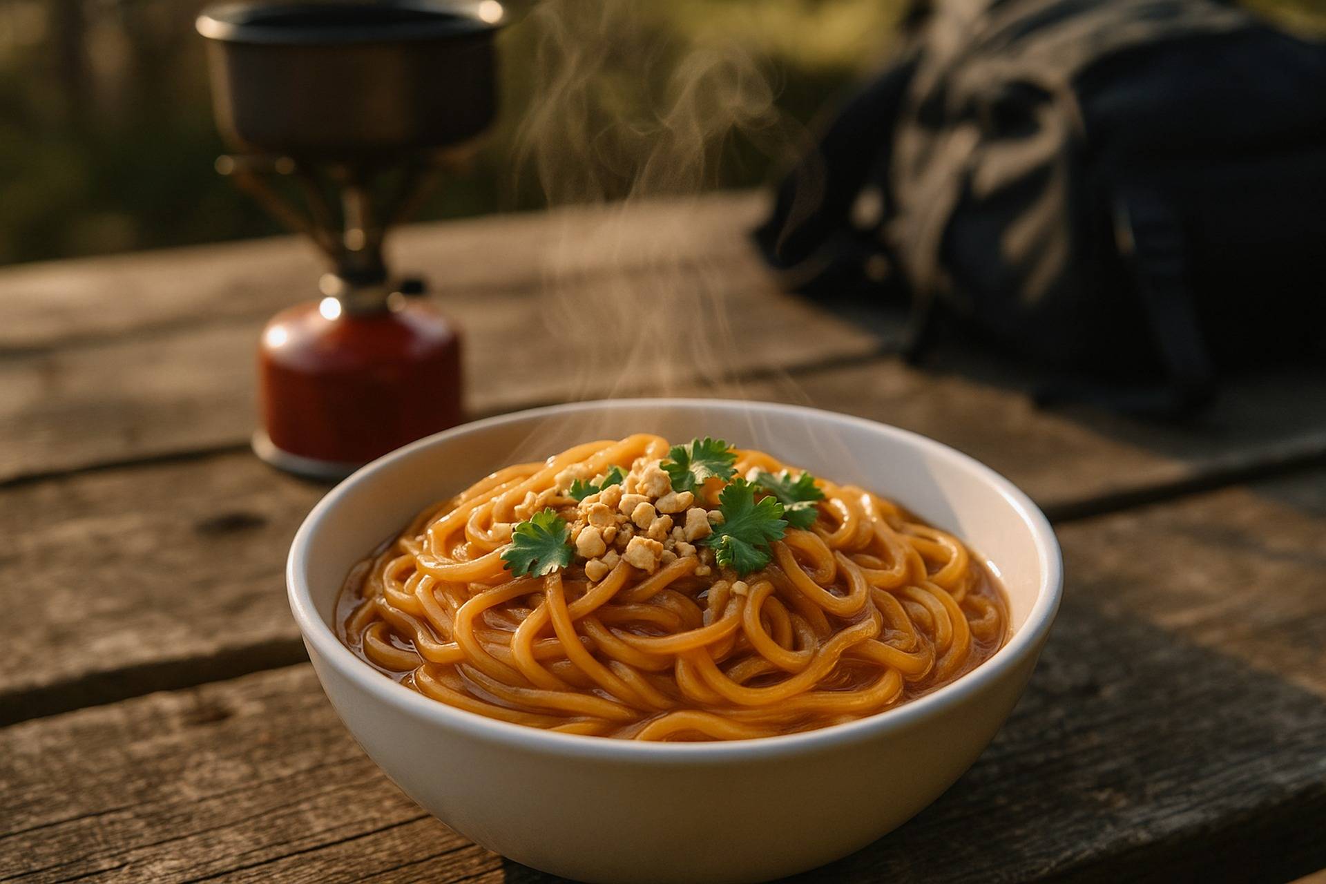 Creamy Thai coconut peanut noodles served with fresh herbs and lime wedges in a camping pot.