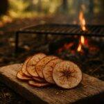 Thinly sliced apples seasoned with cinnamon and orange zest arranged on a campfire cooking grate.