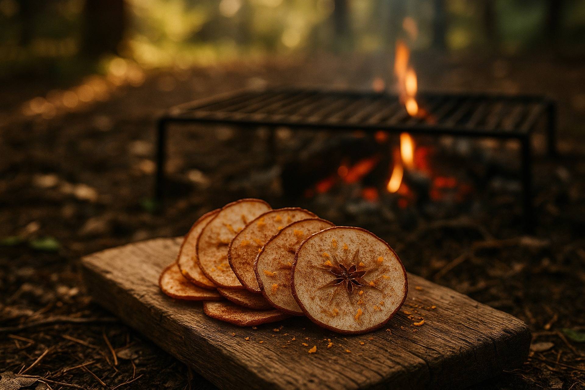 Thinly sliced apples seasoned with cinnamon and orange zest arranged on a campfire cooking grate.