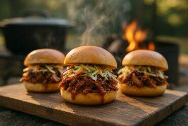 Three pulled pork sliders with barbecue sauce and coleslaw on small buns served on a wooden board.
