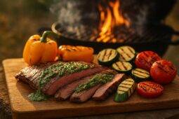 Grilled flank steak topped with chimichurri sauce served alongside charred bell peppers and zucchini.