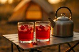 Glasses of pink hibiscus rose cooler with ice and fresh hibiscus flowers, set for outdoor camping.