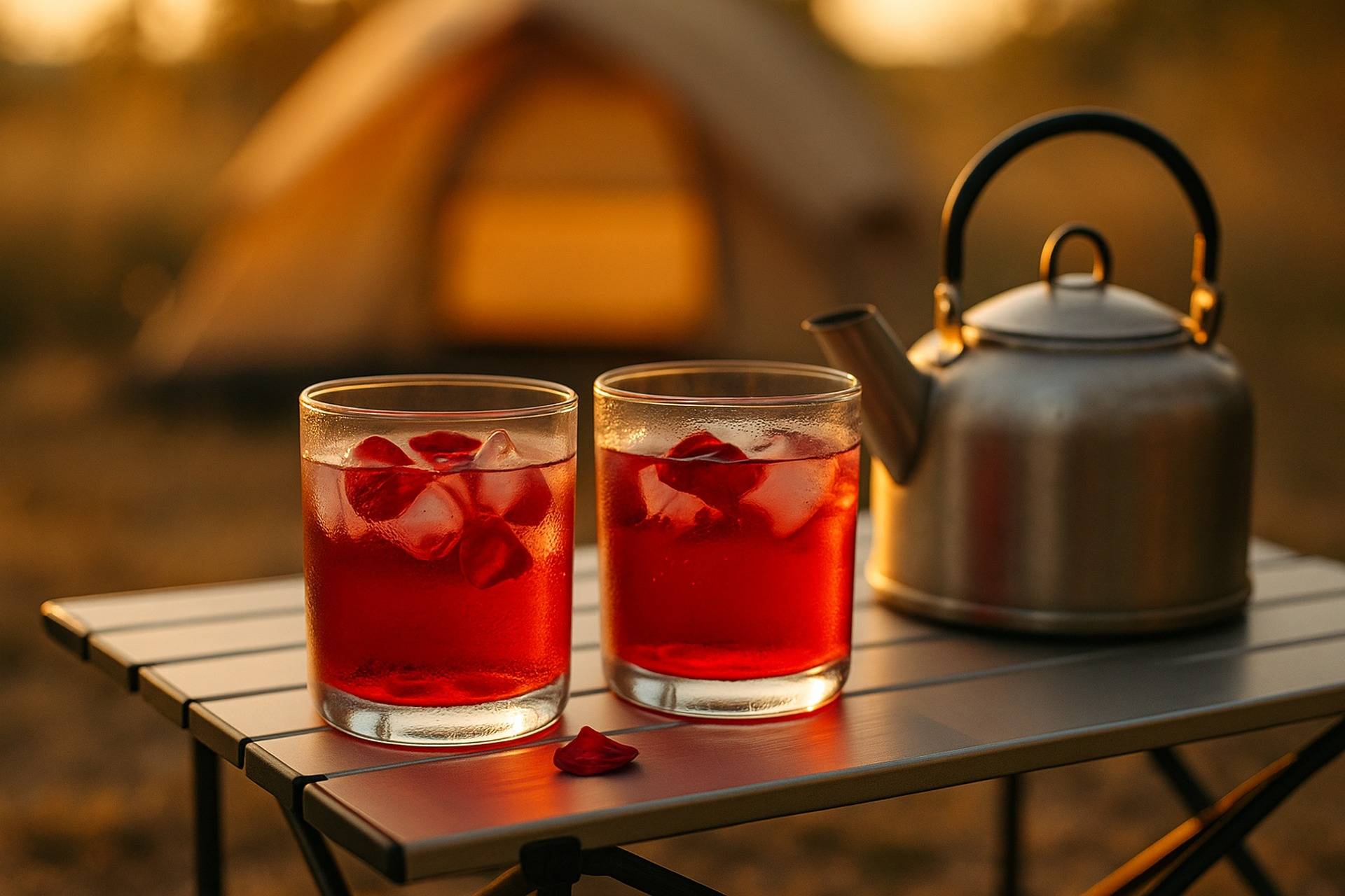 Glasses of pink hibiscus rose cooler with ice and fresh hibiscus flowers, set for outdoor camping.