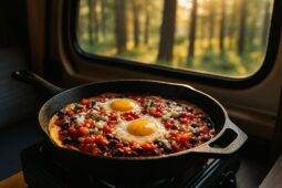 Cast iron skillet with cooked eggs, beans, peppers, and salsa, topped with cheese and cilantro.