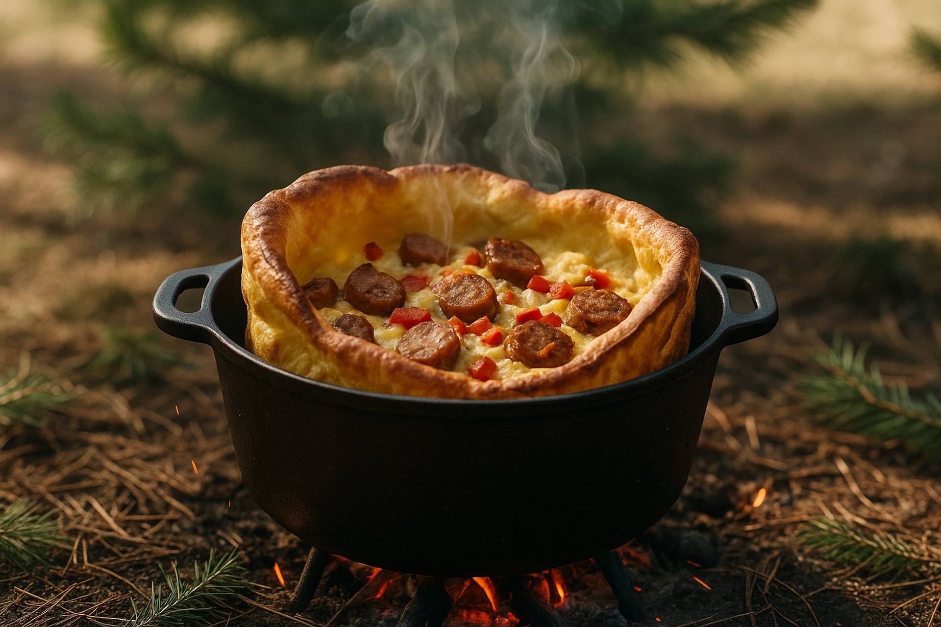 Golden, puffed Dutch baby pancake topped with cooked sausage chunks and sautéed bell peppers in a cast-iron skillet.