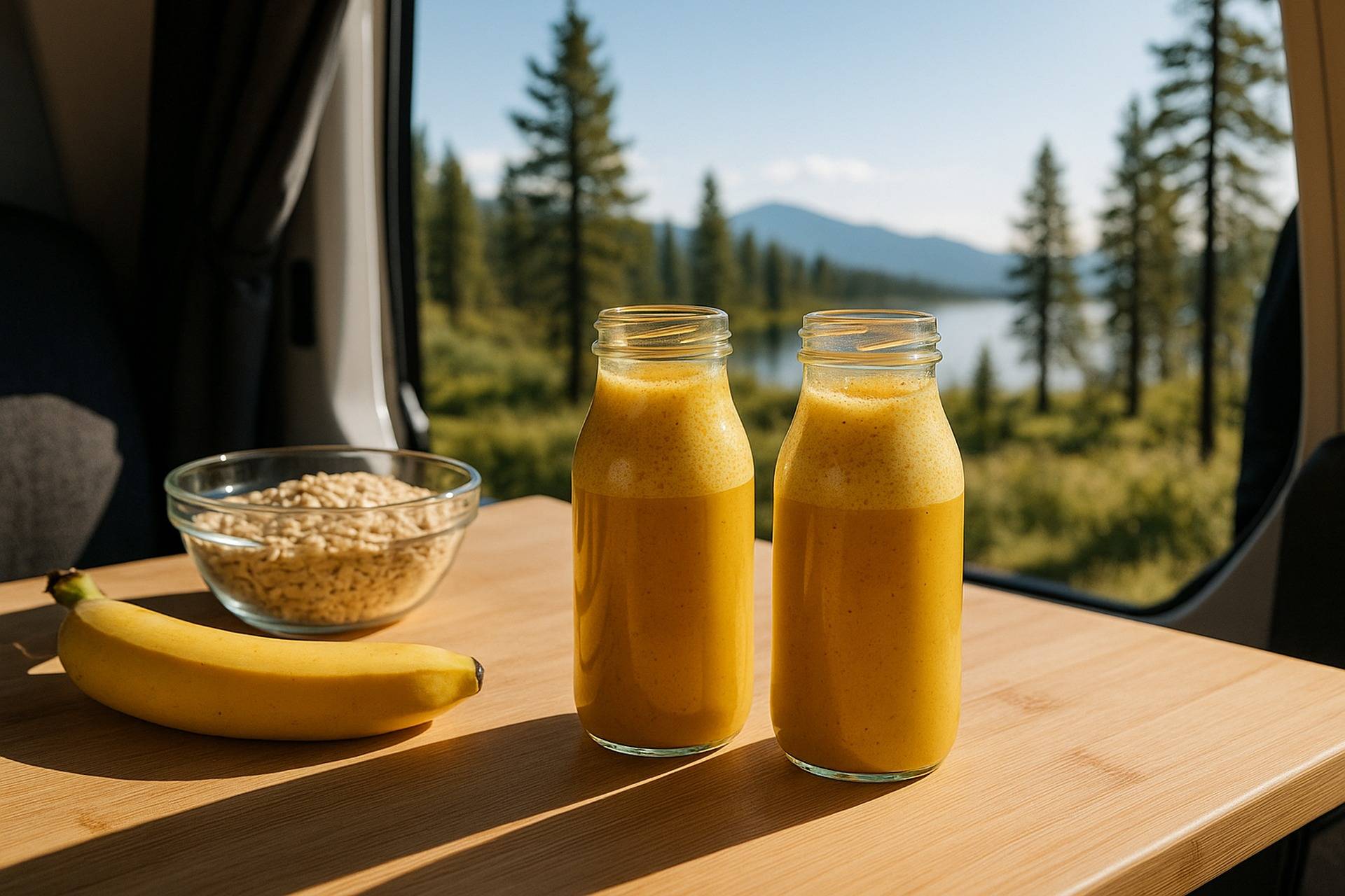 Yellow turmeric smoothie in a clear jar with cinnamon sticks and a rustic camping background.